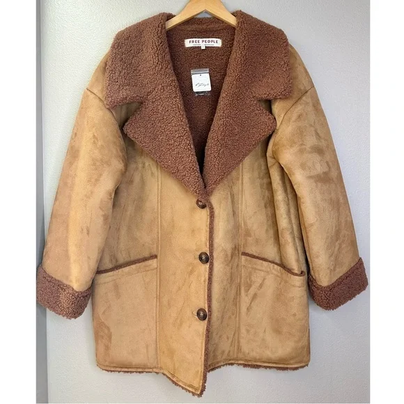 NWT Free People Diogo Oversized Colorblock Faux Sherpa Suede Brown Coat Jacket - Picture 10 of 12